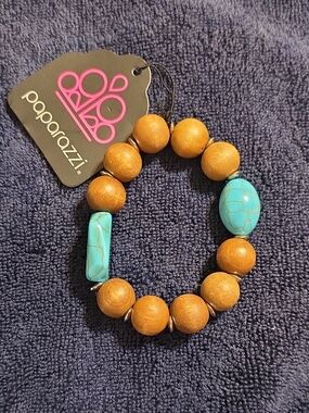 Paparazzi Turquoise & Wood Beaded Stretch Bracelet